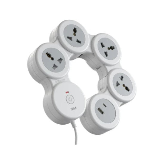 5-in-1 Circular Spike Guard Extension Board with Universal Sockets, USB Type-A and USB Type-C Ports - 360 Degree Rotatable G-Hoop Power Strip with Surge Protection