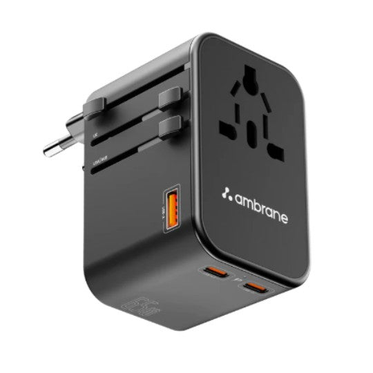Ambrane 65W USB-C PD Universal Travel Adapter with USB Type-A and Dual USB-C Ports - Worldwide Compatible Wall Charger with Multi-Country Plug Support - Black