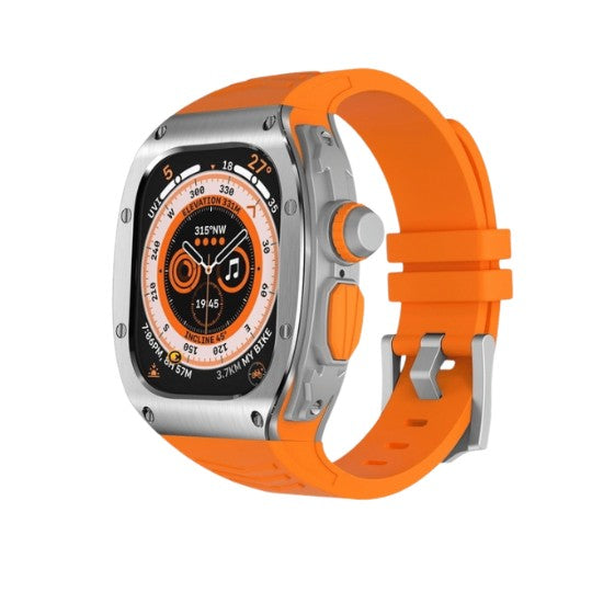 Luxury Titanium Metal Case with Orange Silicone Sport Band for Apple Watch Ultra - Rugged Protective Bumper Strap Replacement for Apple Watch Series