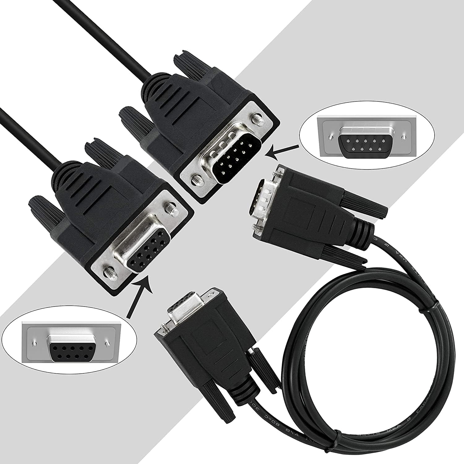 DB9 9-pin RS232 male to female serial cable connector close-up view