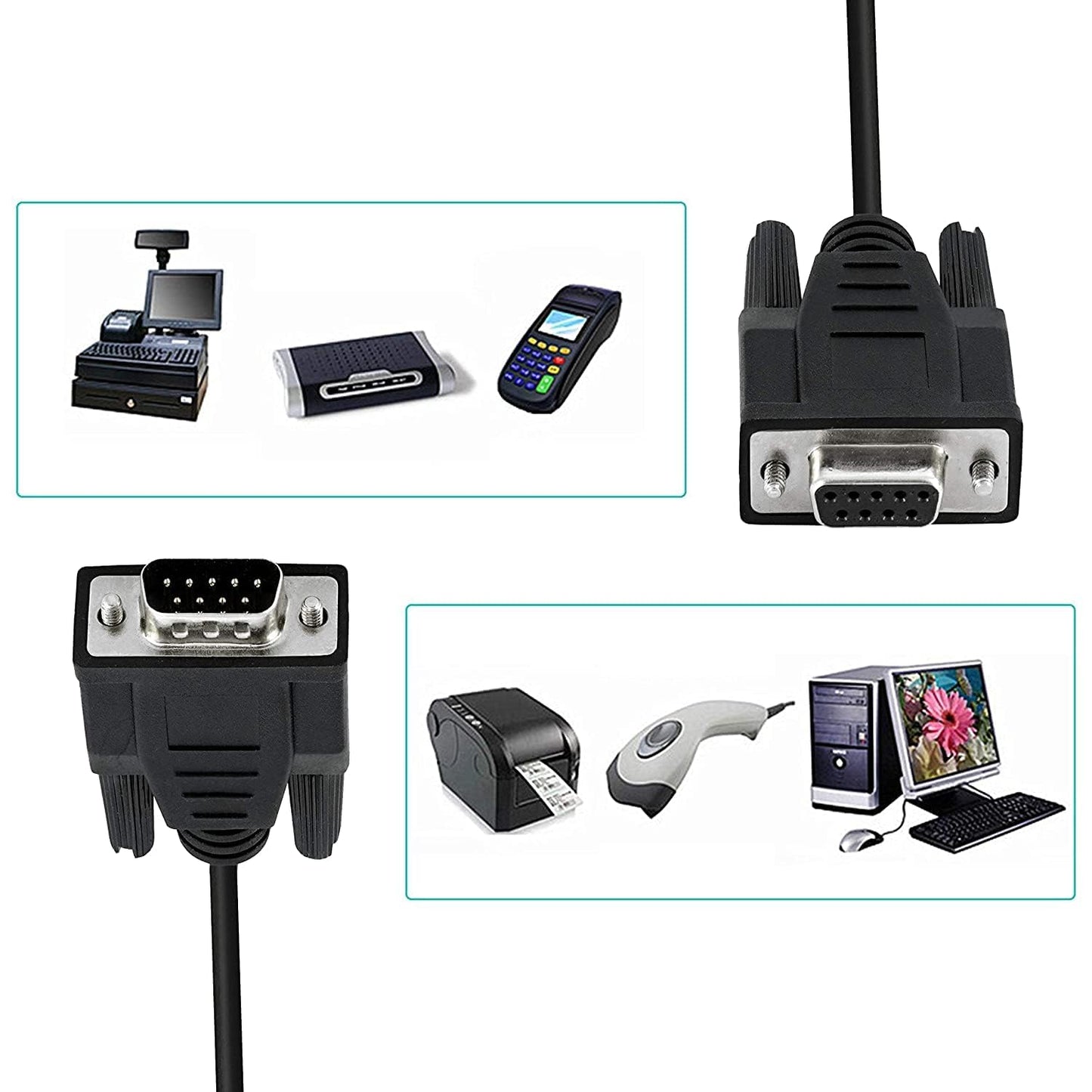DB9 RS232 serial cable compatible with POS systems barcode printers scanners and computers