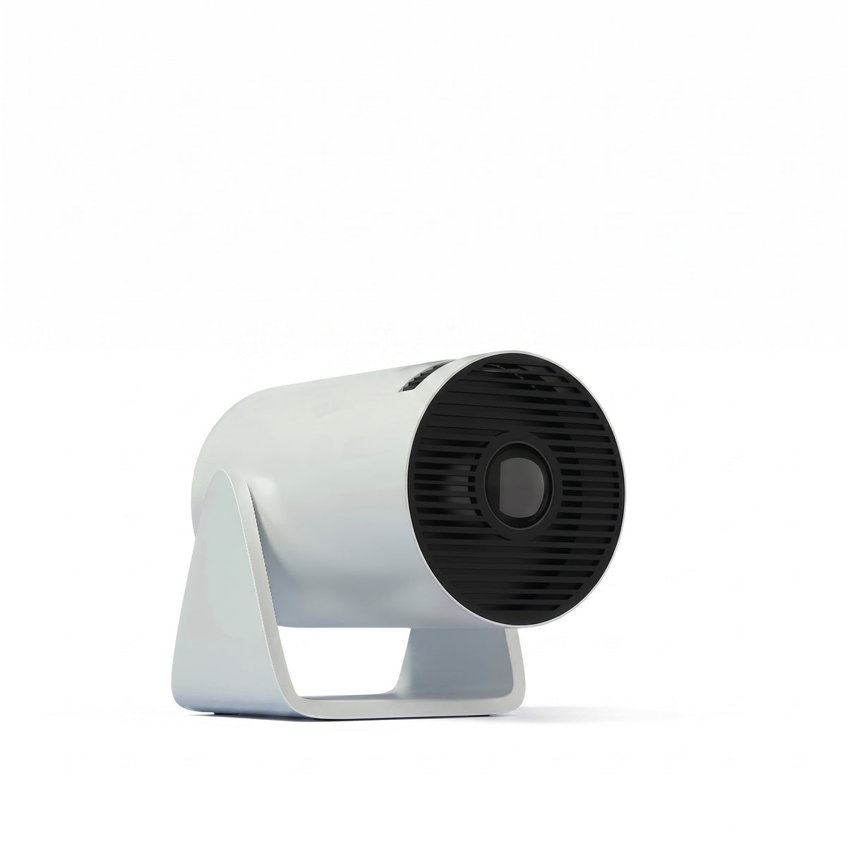A modern white and black cylindrical device with a hinged support base, shown from a three-quarters angle on a solid white background.