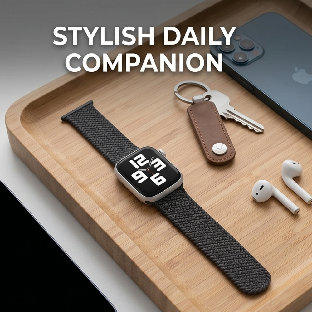 Smartwatch with black band displayed on wooden stand showing stylish daily companion design and premium finish