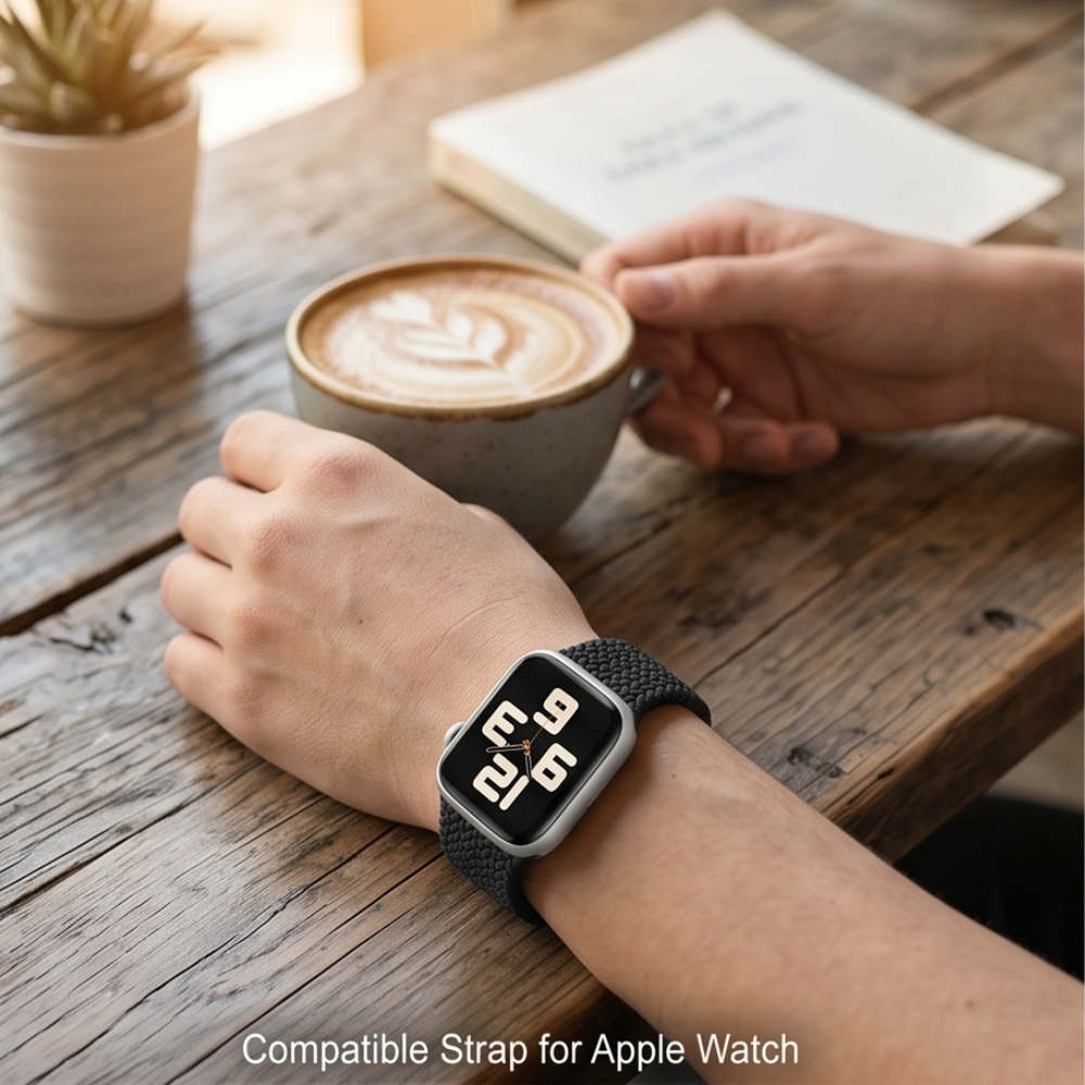 Smartwatch with brown leather band worn casually on wrist, displaying elegant everyday style and premium craftsmanship