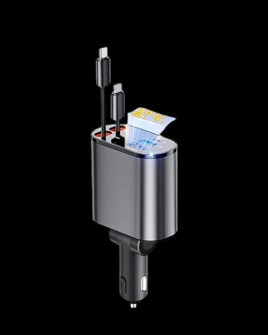 Multifunctional car charger with USB ports and card slots on a black background | grunx sales all type of charging cables and charger which are travel friendly in India