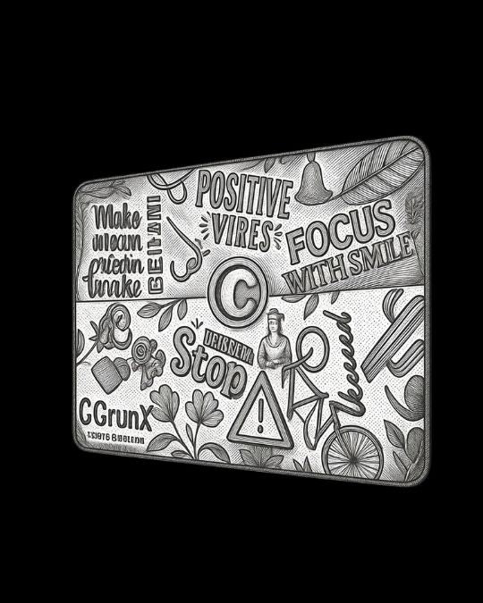 Decorative mouse pad with artistic designs and text on a black background and laptop stand suited for gaming and office purpose. All Desktop accessories available in India from GrunX.