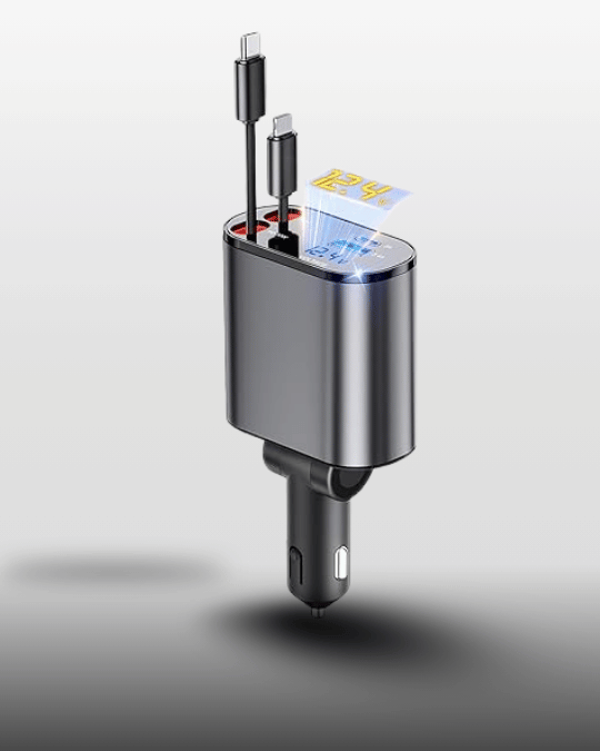 GrunX car accessory category banner to highlight www.grunx.in sell multifunctional car charging accessories with USB ports and card slots on grey background along with travel friendly in India.