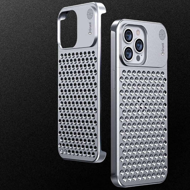 Close-up GRUNX Tesla aluminum iPhone 14 Plus camera raised protection silver shockproof metal case India