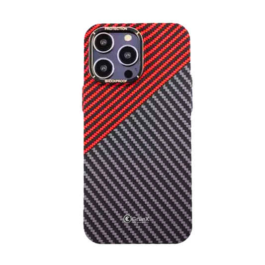 GRUNX Titanic carbon fiber aramid MagSafe iPhone case black red finish on premium Indian desk setup