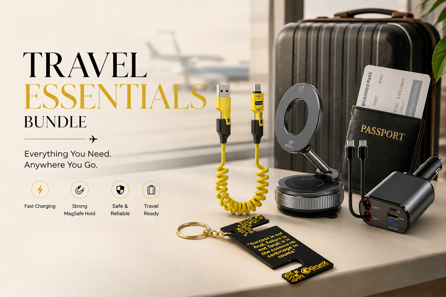GrunX Travel Essentials Bundle with spring 4 in 1 fast charging cable,  4 in 1 120w car charger and MagSafe magnetic car mount