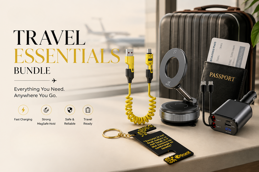 GrunX Travel Essentials Bundle with spring 4 in 1 fast charging cable,  4 in 1 120w car charger and MagSafe magnetic car mount