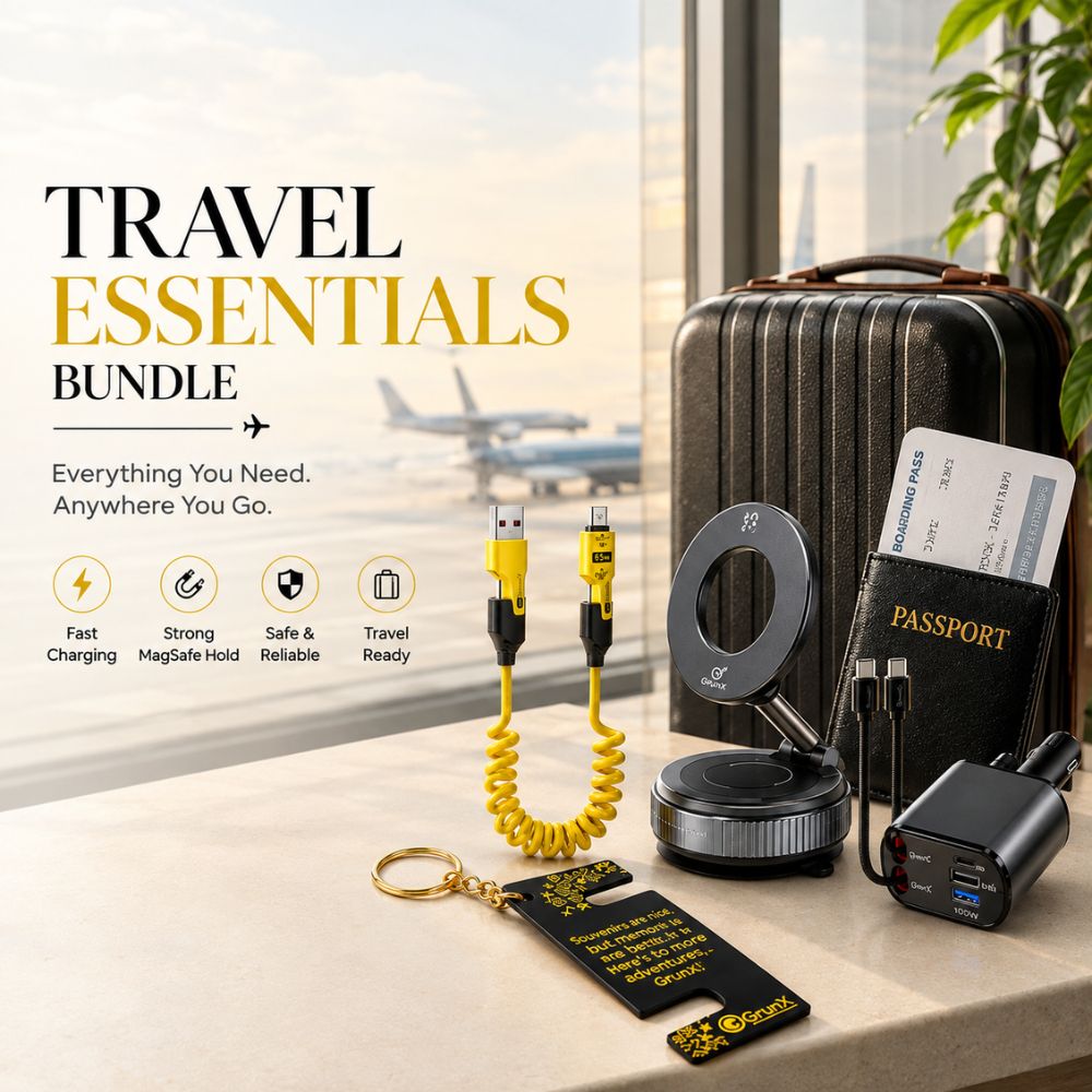 GrunX Travel Essentials Bundle with spring 4 in 1 fast charging cable,  4 in 1 120w car charger and MagSafe magnetic car mount