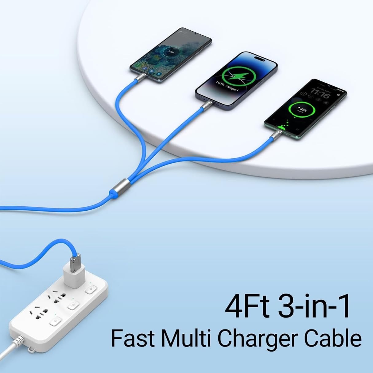 Compatibility chart for 120W 3-in-1 charging cable, supporting USB-C, Lightning, and Micro USB devices – available at GrunX