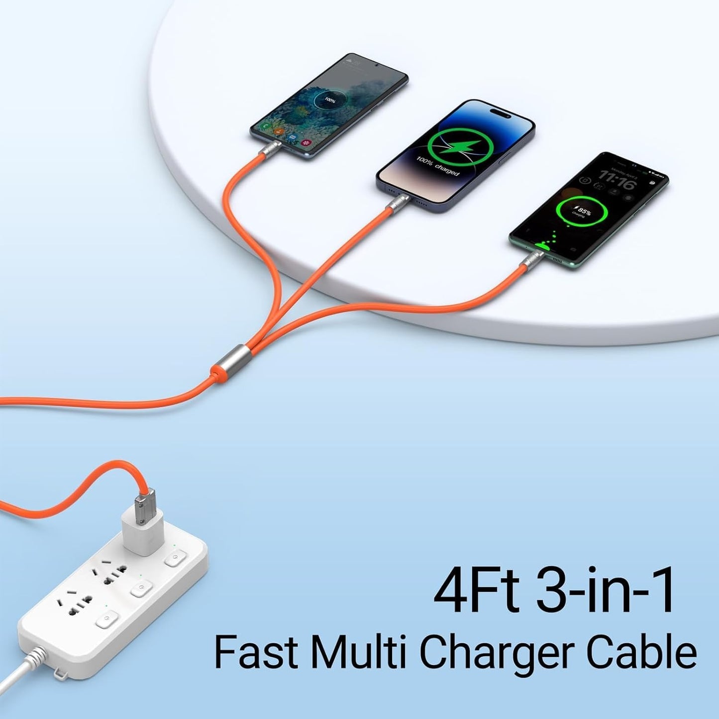 GRUNX Triglo 3-in-1 braided cable all three connectors laid out on clean minimal Indian workspace background