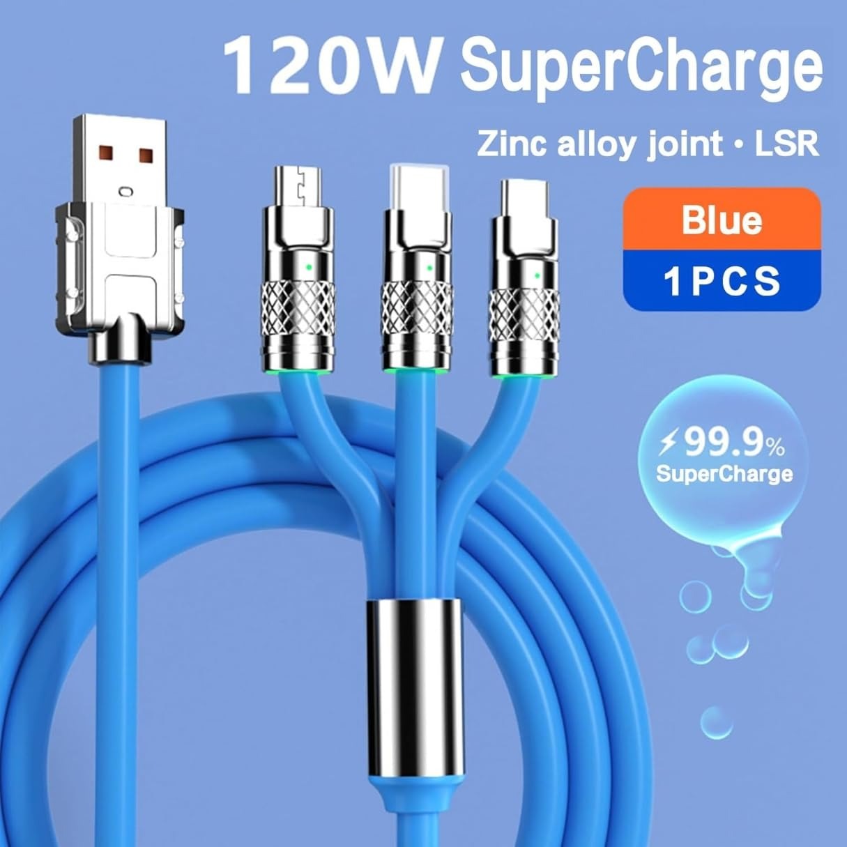 120W 3-in-1 charging cable charging three devices simultaneously, demonstrating its multi-device capability – available at GrunX
