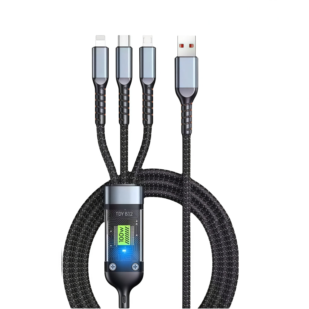 GRUNX Trono 3-in-1 100W LED display fast charging cable showing live power meter on Indian office desk