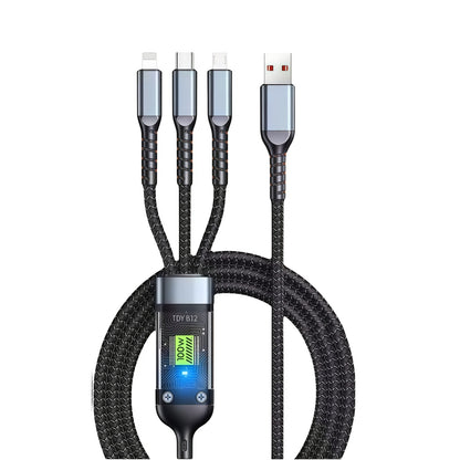 GRUNX Trono 3-in-1 100W LED display fast charging cable showing live power meter on Indian office desk