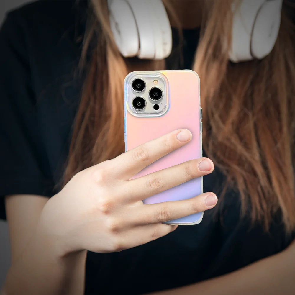 GRUNX laser gradient iPhone case showing rainbow reflection clear back anti yellow transparent design