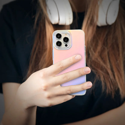GRUNX laser gradient iPhone case showing rainbow reflection clear back anti yellow transparent design