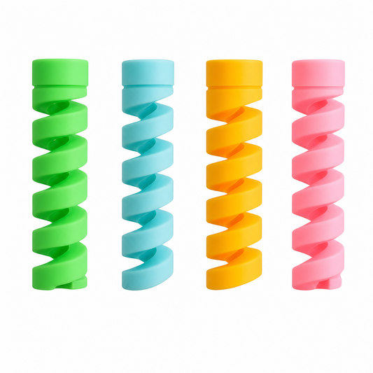 Four spiral-shaped silicone accessories in bright green, light blue, orange, and pink, arranged vertically on a plain white background.