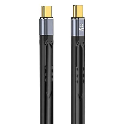 A close-up of a black USB-C cable showing both connector ends, each with a gold-toned plug and a silver band. One end is marked '10 Gbps' in white text.