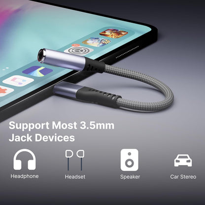 USB-C to 3.5mm audio adapter supporting headphones, headsets, speakers, and car stereo with tablet connection