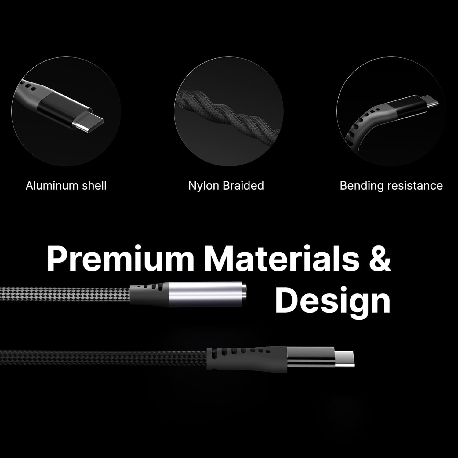 USB-C to 3.5mm audio adapter premium materials featuring aluminum shell, nylon braided cord, and bending resistant design