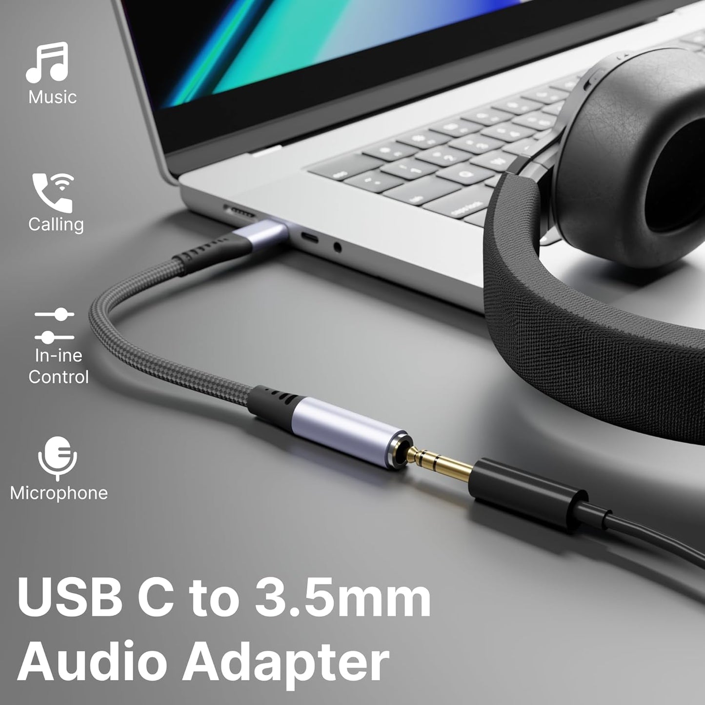 USB-C to 3.5mm audio adapter connecting laptop to headphones for music, calling, in-line control, and microphone use