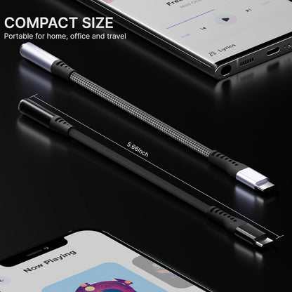 USB-C to 3.5mm audio adapter compact size 5.66 inch cable portable for home, office, and travel