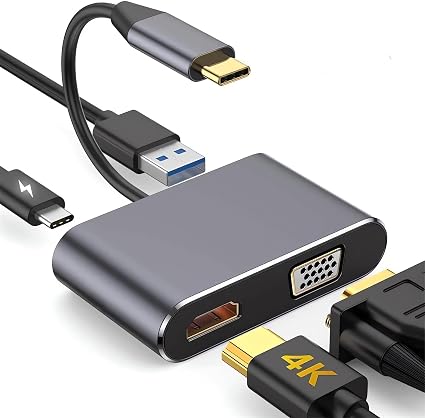 A 2-in-1 USB-C to VGA adapter dongle with a dark gray metallic body, shown with various cable connectors including USB-C, HDMI, and 4K HDMI on a white background.