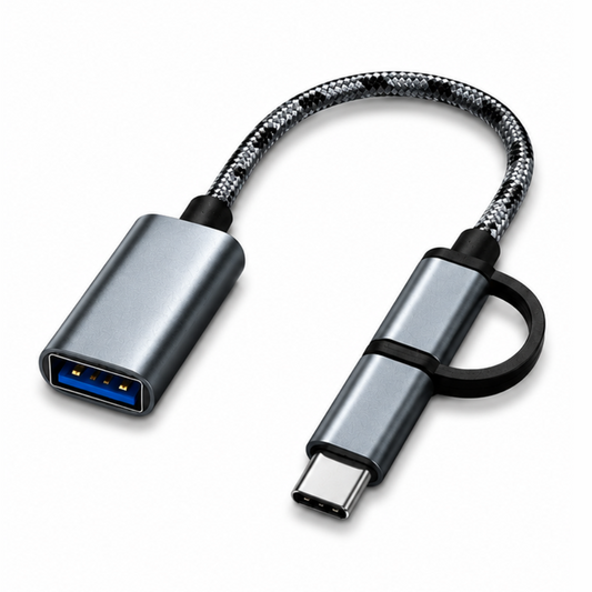 GrunX Twinport compact OTG adapter with dual USB-C and Micro-USB male connectors and USB-A female port, shown on a clean white background.