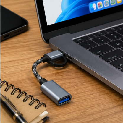 USB-C and Micro USB OTG adapter connected to a MacBook on a wooden desk | GrunX