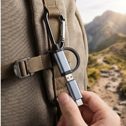 Hand holding a USB-C and Micro USB OTG adapter attached to a backpack strap outdoors | GrunX