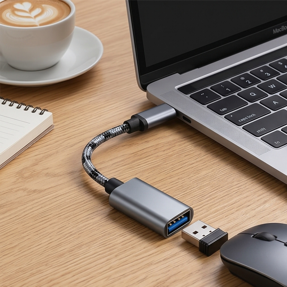 USB-C and Micro USB to USB-A OTG adapter connected to a laptop on a wooden desk with a coffee cup in the background | GrunX