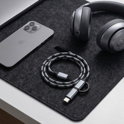 USB-C and Micro USB OTG adapter displayed alongside a smartphone and wireless headphones | GrunX