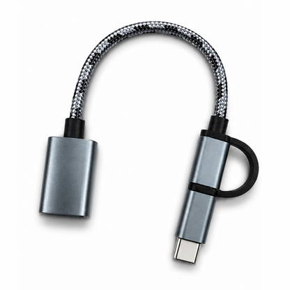 GrunX Twinport OTG adapter cable with silver aluminum housing and braided connector, showing USB-C and Micro-USB dual-head design with USB-A female port, on a white background.
