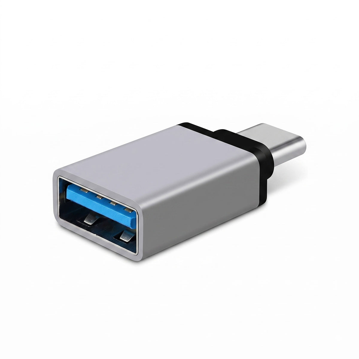 A silver USB-C to USB 3.0 adapter with a black band and a blue USB-A port, shown on a white background.