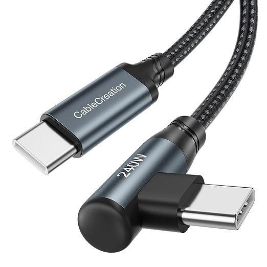240W USB-C to USB-C 90 degree right angle cable with aluminum alloy shell and nylon braided jacket on white background