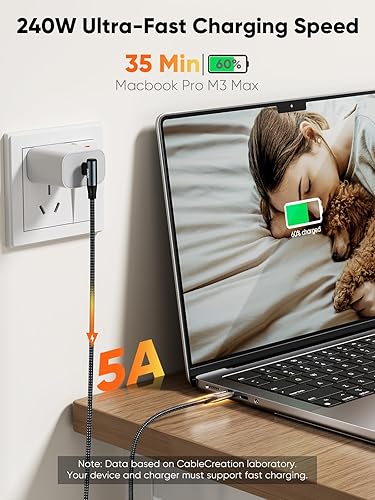 240W USB-C right angle cable charging MacBook Pro M3 Max to 60 percent in 35 minutes at 5A ultra fast charging speed