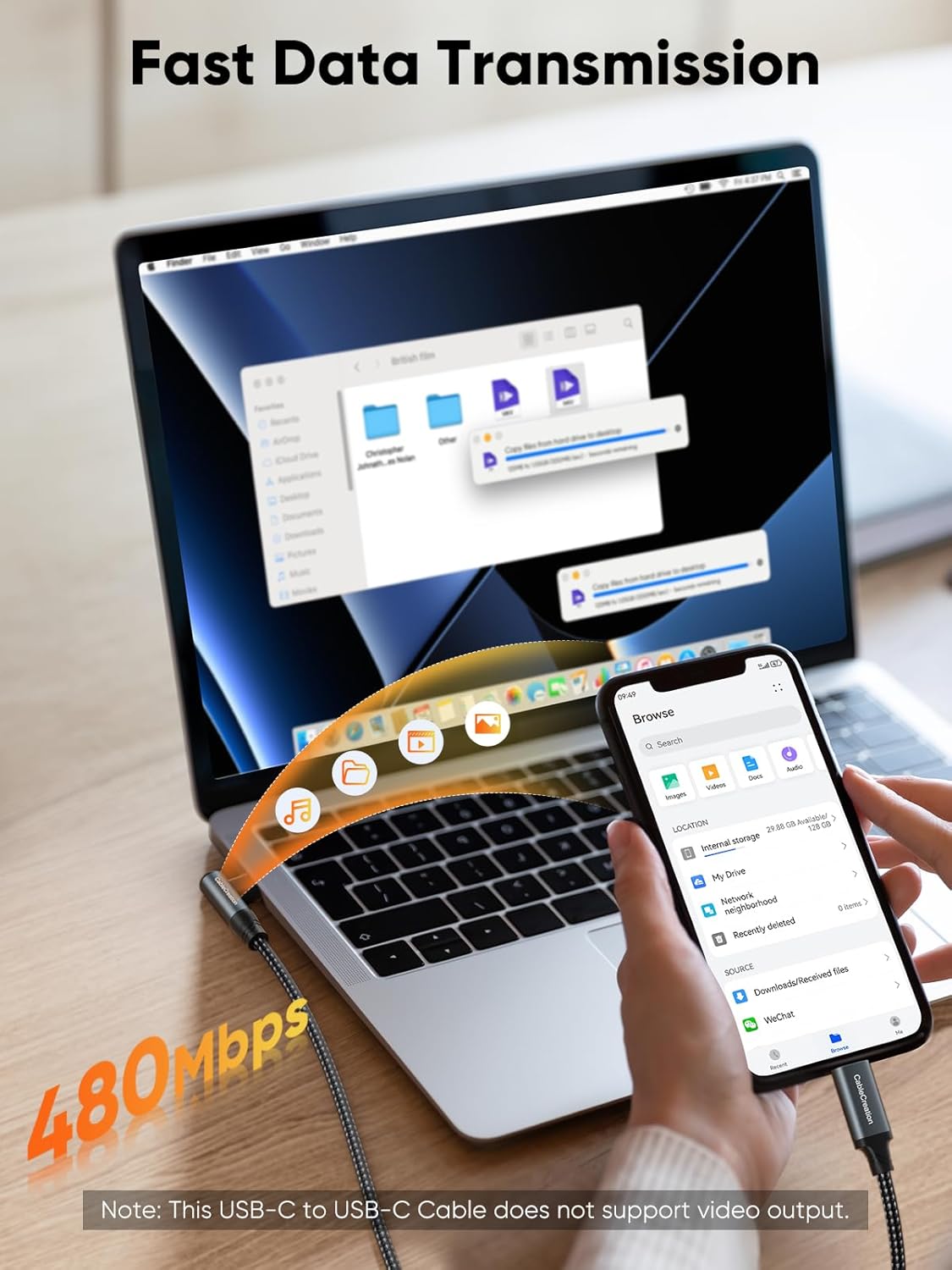 USB-C to USB-C right angle cable with 480Mbps fast data transfer connecting iPhone to MacBook for file transfer does not support video output
