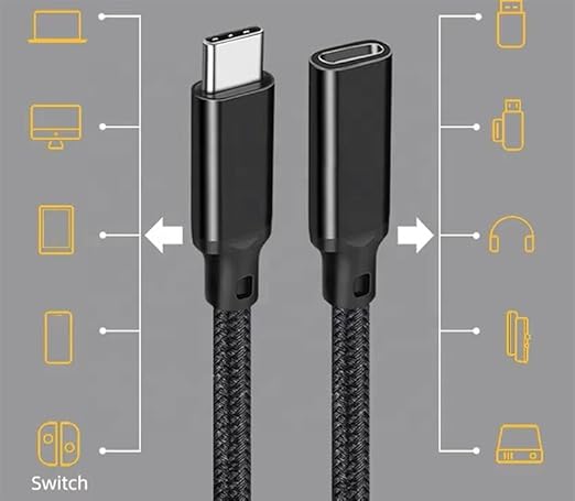 A black braided USB-C to USB-C cable shown on a gray background with yellow device icons connected by white lines to demonstrate compatibility. The word 'Switch' appears in the lower left corner.