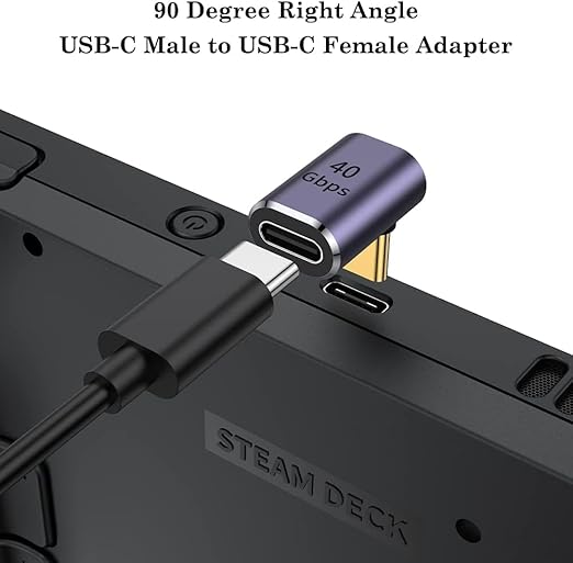 90-degree right angle USB-C male to USB-C female adapter on a Steam Deck device.
