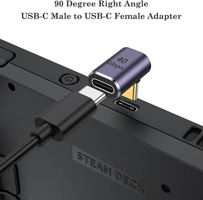 90-degree right angle USB-C male to USB-C female adapter on a Steam Deck device.