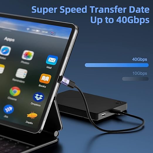 A black portable external drive connected via USB to a tablet and laptop, with promotional text reading 'Super Speed Transfer Date Up to 40Gbps' and speed comparison graphics on a blue gradient background.