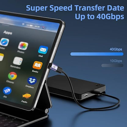 A black portable external drive connected via USB to a tablet and laptop, with promotional text reading 'Super Speed Transfer Date Up to 40Gbps' and speed comparison graphics on a blue gradient background.