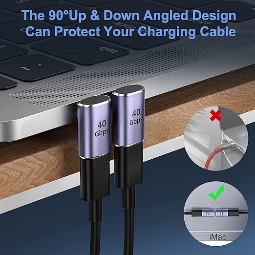 A 40 Gbps USB-C to USB-C cable shown plugged into a laptop, with promotional text explaining that the 90-degree angled design protects the charging cable. Two circular inset diagrams on the right illustrate damage prevention, with one marked incorrect and one marked correct with 'iMac'.
