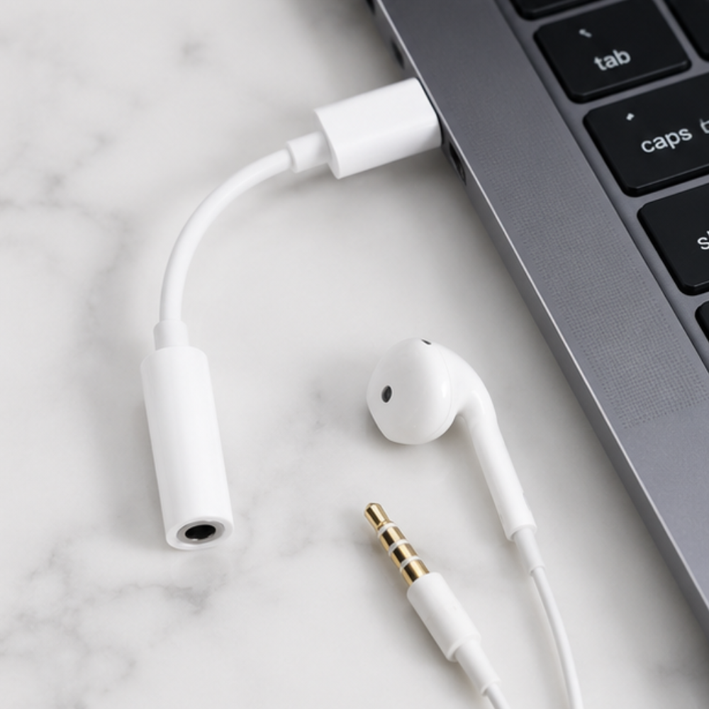 White USB-C to 3.5mm audio adapter connected to a laptop with earbuds on marble surface
