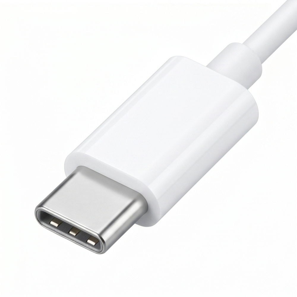 Close-up of white USB-C connector end of a 3.5mm audio adapter on white background