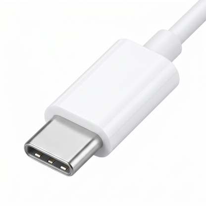 Close-up of white USB-C connector end of a 3.5mm audio adapter on white background