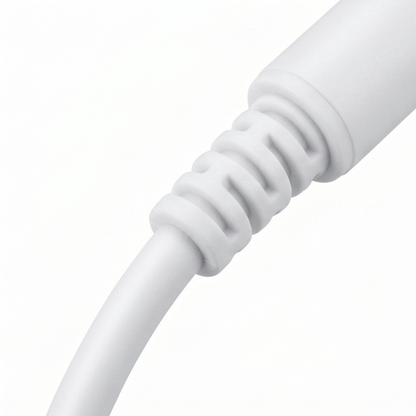 White USB-C to 3.5mm audio adapter cable on white background